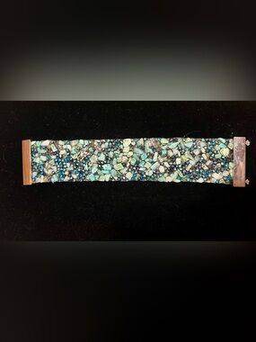 Vintage Cuff Bracelet Blue Turquoise Stones and Crystals Silver Magnetic Clasp